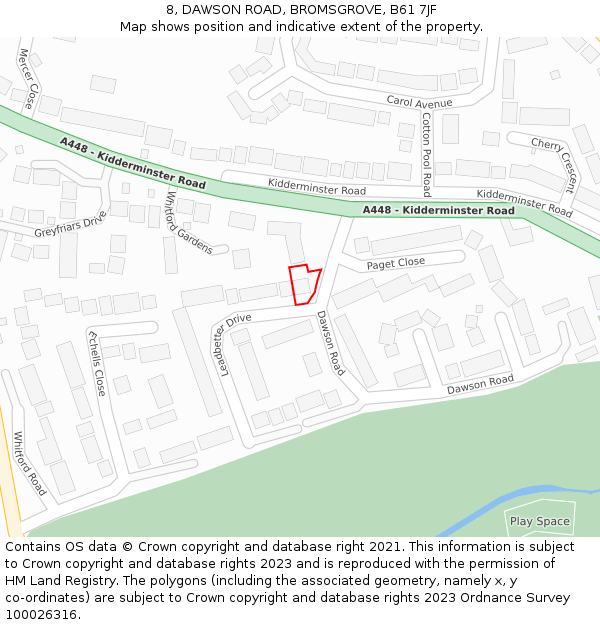 8, DAWSON ROAD, BROMSGROVE, B61 7JF: Location map and indicative extent of plot