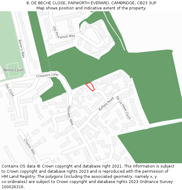 8, DE BECHE CLOSE, PAPWORTH EVERARD, CAMBRIDGE, CB23 3UP: Location map and indicative extent of plot