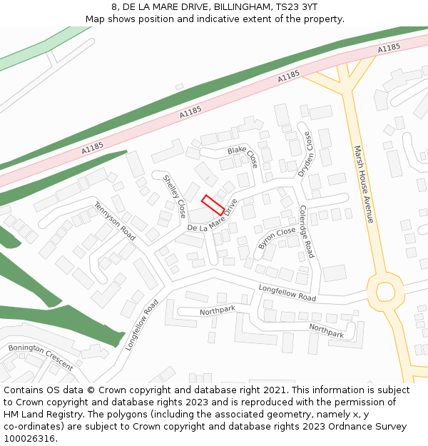 8, DE LA MARE DRIVE, BILLINGHAM, TS23 3YT: Location map and indicative extent of plot