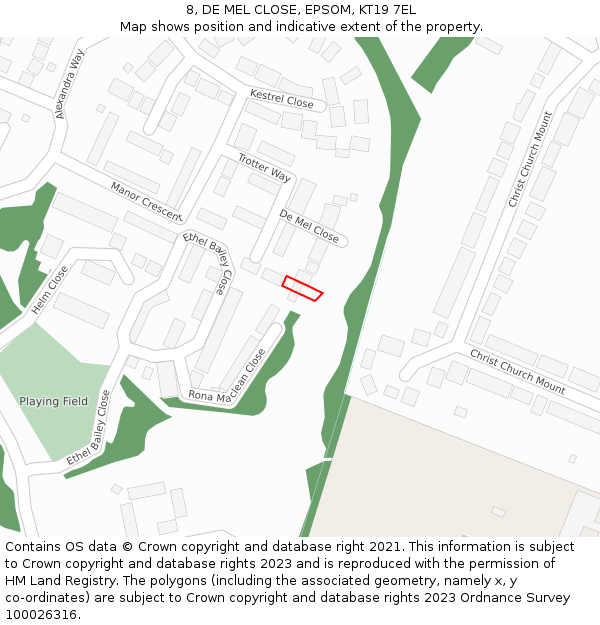 8, DE MEL CLOSE, EPSOM, KT19 7EL: Location map and indicative extent of plot