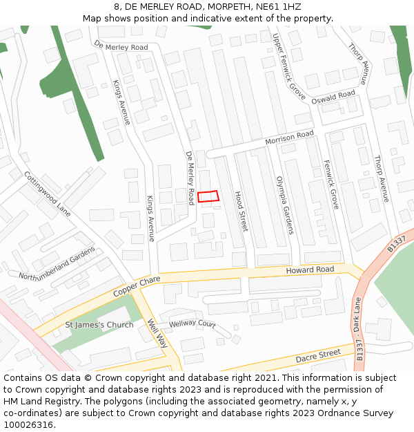 8, DE MERLEY ROAD, MORPETH, NE61 1HZ: Location map and indicative extent of plot