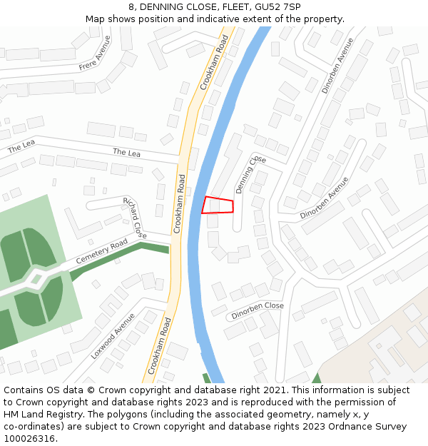 8, DENNING CLOSE, FLEET, GU52 7SP: Location map and indicative extent of plot