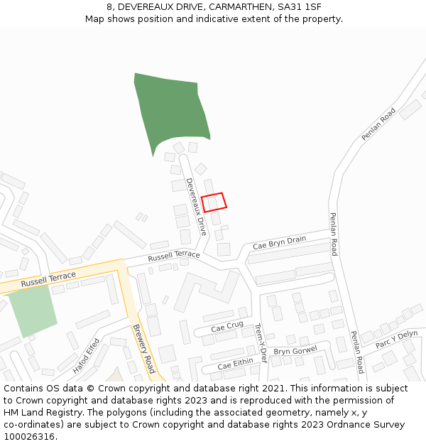 8, DEVEREAUX DRIVE, CARMARTHEN, SA31 1SF: Location map and indicative extent of plot