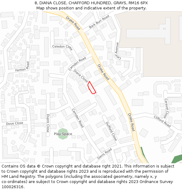 8, DIANA CLOSE, CHAFFORD HUNDRED, GRAYS, RM16 6PX: Location map and indicative extent of plot