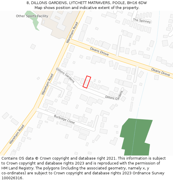 8, DILLONS GARDENS, LYTCHETT MATRAVERS, POOLE, BH16 6DW: Location map and indicative extent of plot