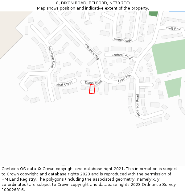 8, DIXON ROAD, BELFORD, NE70 7DD: Location map and indicative extent of plot