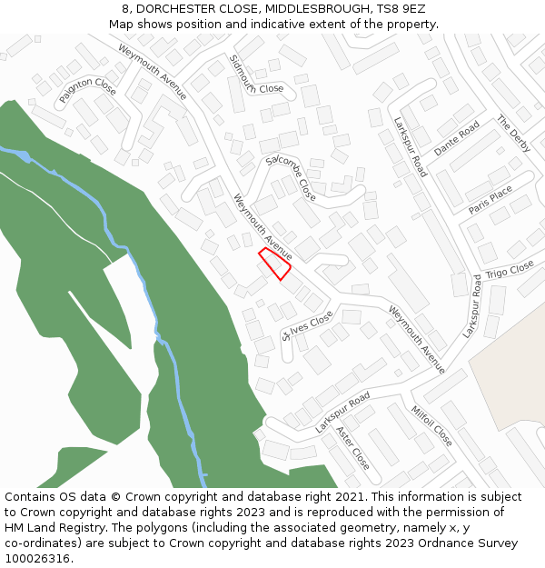 8, DORCHESTER CLOSE, MIDDLESBROUGH, TS8 9EZ: Location map and indicative extent of plot