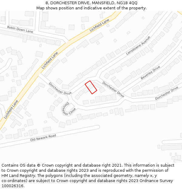 8, DORCHESTER DRIVE, MANSFIELD, NG18 4QQ: Location map and indicative extent of plot