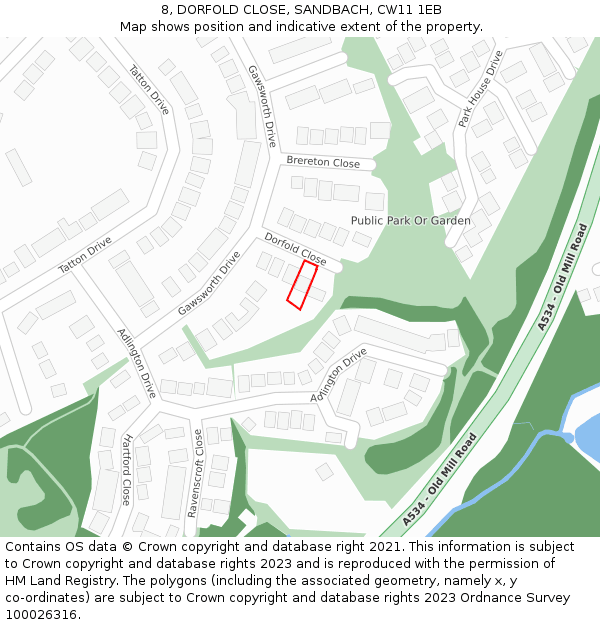 8, DORFOLD CLOSE, SANDBACH, CW11 1EB: Location map and indicative extent of plot