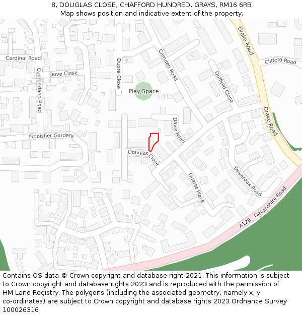 8, DOUGLAS CLOSE, CHAFFORD HUNDRED, GRAYS, RM16 6RB: Location map and indicative extent of plot