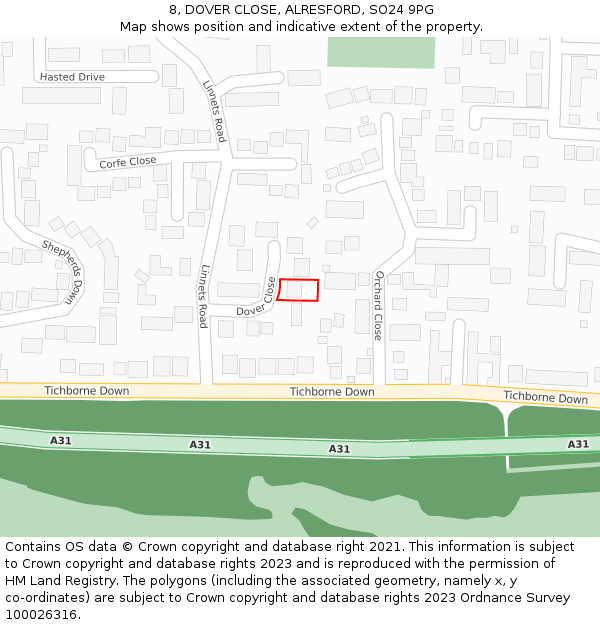 8, DOVER CLOSE, ALRESFORD, SO24 9PG: Location map and indicative extent of plot