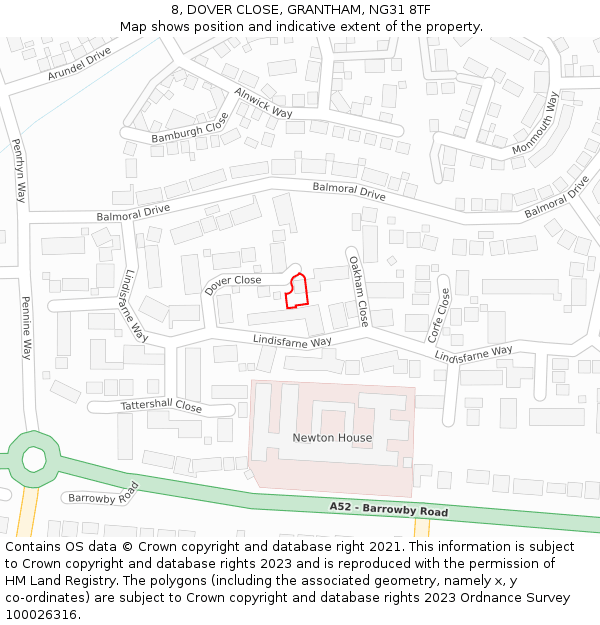 8, DOVER CLOSE, GRANTHAM, NG31 8TF: Location map and indicative extent of plot