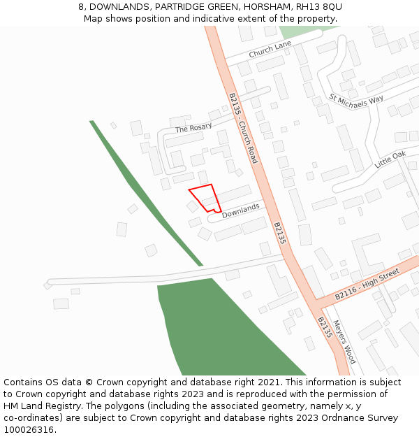8, DOWNLANDS, PARTRIDGE GREEN, HORSHAM, RH13 8QU: Location map and indicative extent of plot