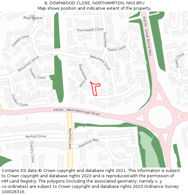 8, DOWNWOOD CLOSE, NORTHAMPTON, NN3 8PU: Location map and indicative extent of plot