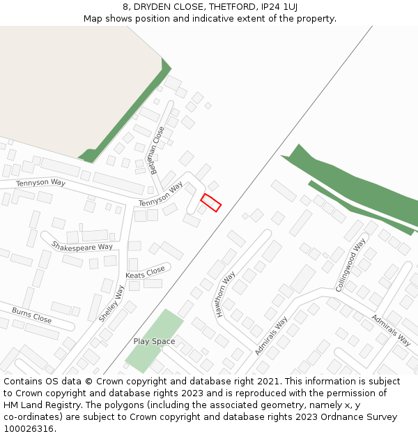 8, DRYDEN CLOSE, THETFORD, IP24 1UJ: Location map and indicative extent of plot