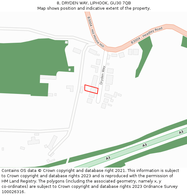 8, DRYDEN WAY, LIPHOOK, GU30 7QB: Location map and indicative extent of plot