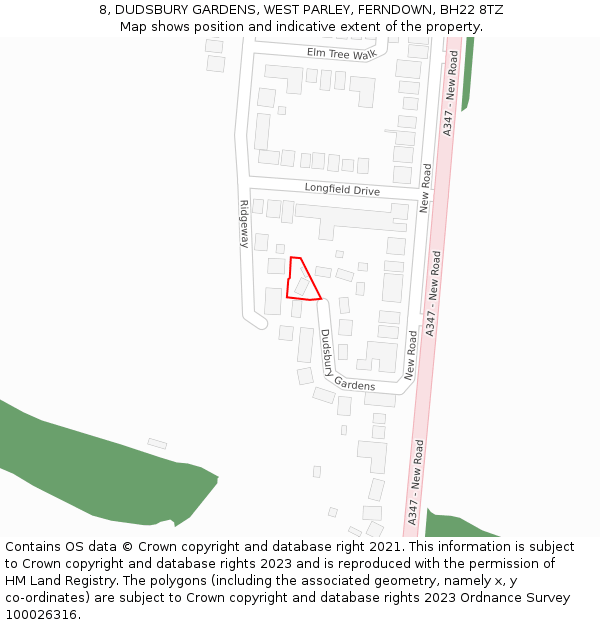 8, DUDSBURY GARDENS, WEST PARLEY, FERNDOWN, BH22 8TZ: Location map and indicative extent of plot