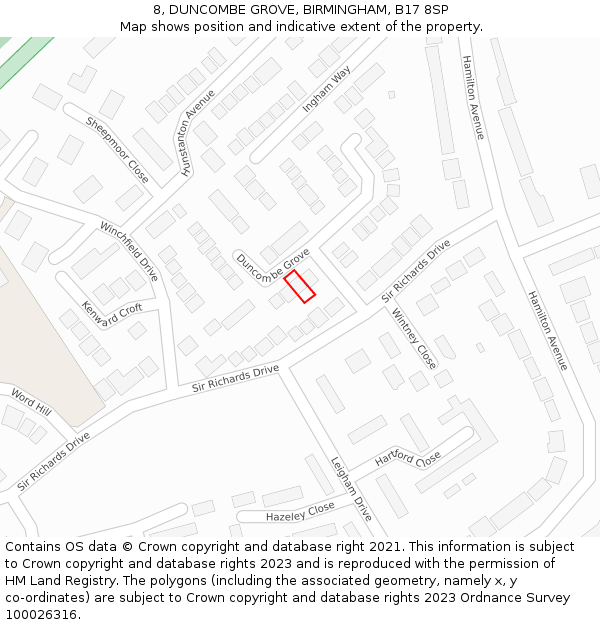 8, DUNCOMBE GROVE, BIRMINGHAM, B17 8SP: Location map and indicative extent of plot