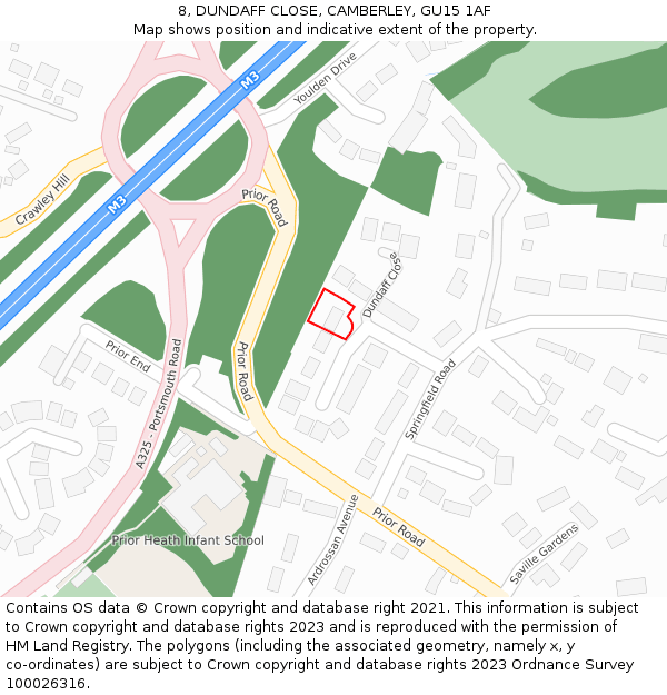 8, DUNDAFF CLOSE, CAMBERLEY, GU15 1AF: Location map and indicative extent of plot