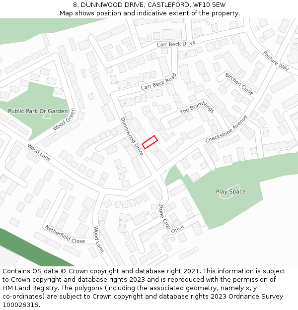 8, DUNNIWOOD DRIVE, CASTLEFORD, WF10 5EW: Location map and indicative extent of plot