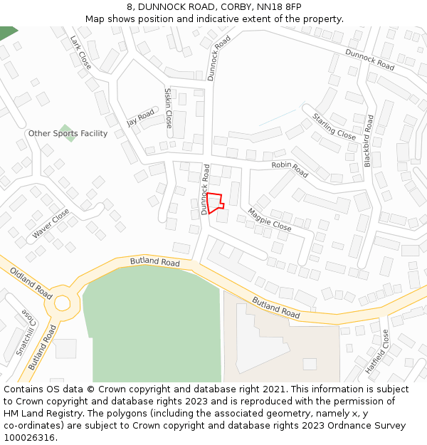8, DUNNOCK ROAD, CORBY, NN18 8FP: Location map and indicative extent of plot