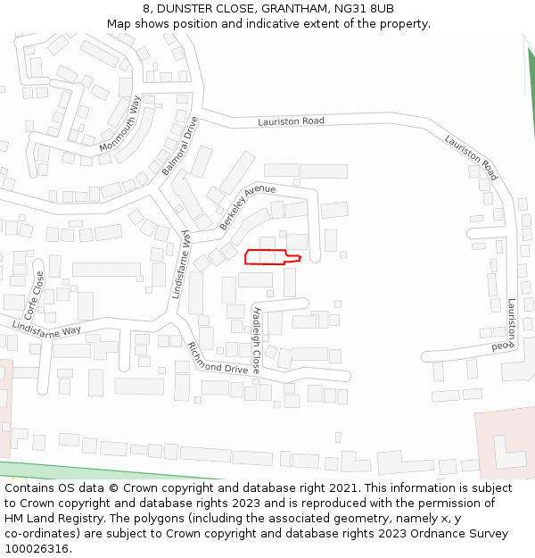 8, DUNSTER CLOSE, GRANTHAM, NG31 8UB: Location map and indicative extent of plot