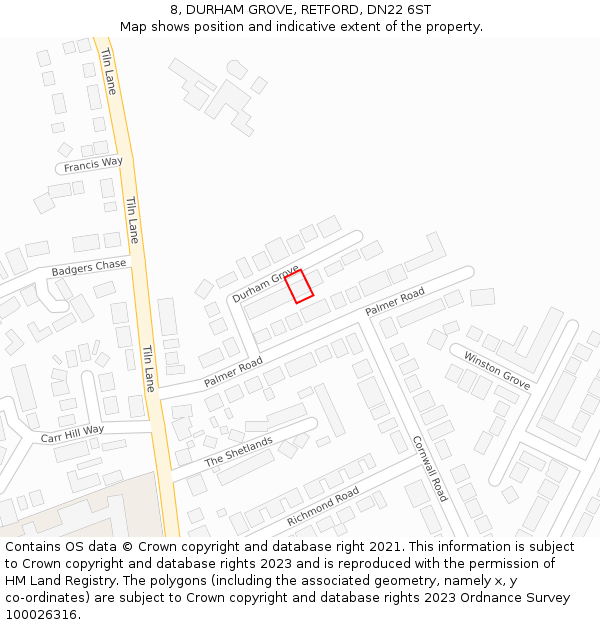8, DURHAM GROVE, RETFORD, DN22 6ST: Location map and indicative extent of plot