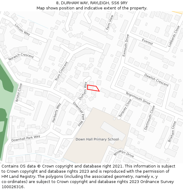 8, DURHAM WAY, RAYLEIGH, SS6 9RY: Location map and indicative extent of plot