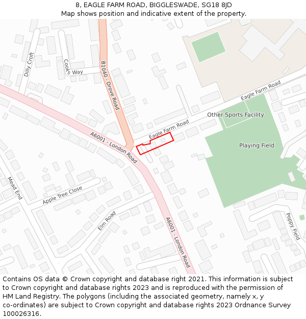 8, EAGLE FARM ROAD, BIGGLESWADE, SG18 8JD: Location map and indicative extent of plot