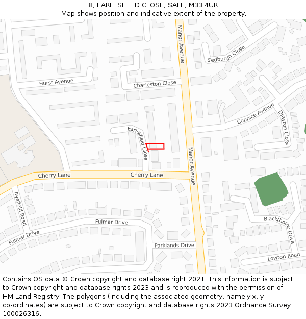 8, EARLESFIELD CLOSE, SALE, M33 4UR: Location map and indicative extent of plot