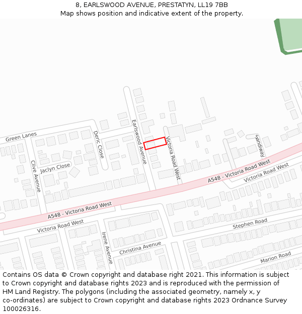 8, EARLSWOOD AVENUE, PRESTATYN, LL19 7BB: Location map and indicative extent of plot