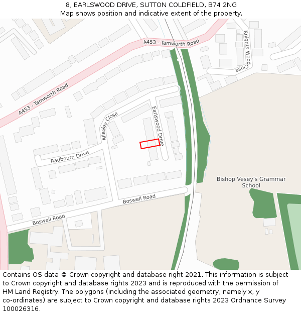 8, EARLSWOOD DRIVE, SUTTON COLDFIELD, B74 2NG: Location map and indicative extent of plot