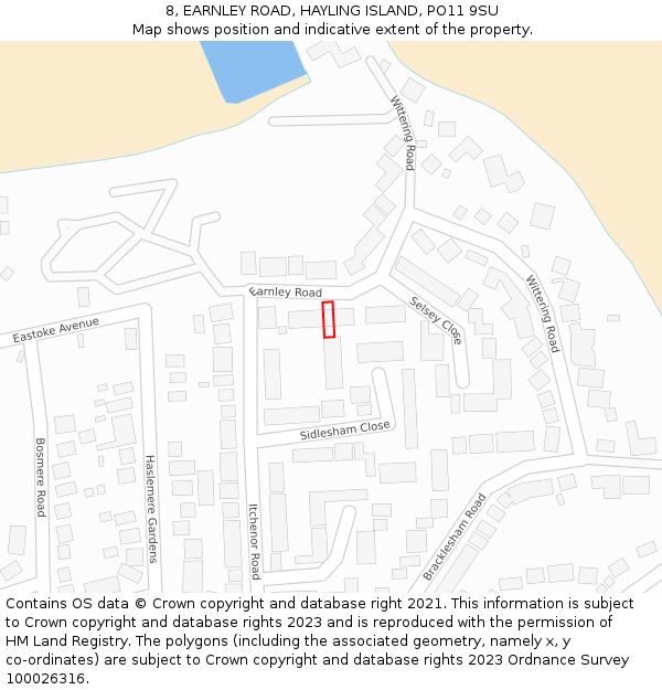 8, EARNLEY ROAD, HAYLING ISLAND, PO11 9SU: Location map and indicative extent of plot