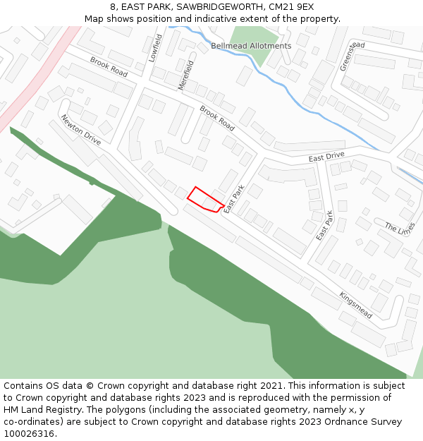 8, EAST PARK, SAWBRIDGEWORTH, CM21 9EX: Location map and indicative extent of plot