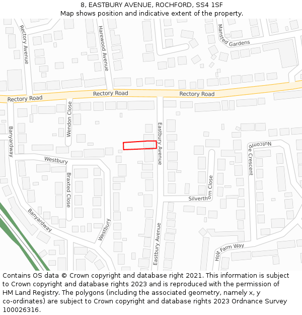 8, EASTBURY AVENUE, ROCHFORD, SS4 1SF: Location map and indicative extent of plot