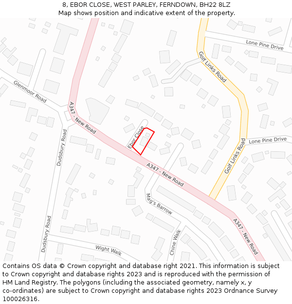 8, EBOR CLOSE, WEST PARLEY, FERNDOWN, BH22 8LZ: Location map and indicative extent of plot