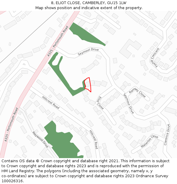 8, ELIOT CLOSE, CAMBERLEY, GU15 1LW: Location map and indicative extent of plot