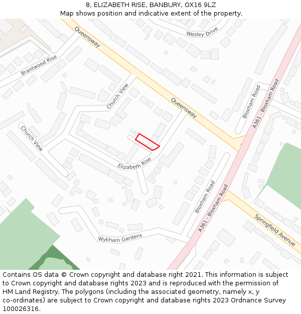 8, ELIZABETH RISE, BANBURY, OX16 9LZ: Location map and indicative extent of plot