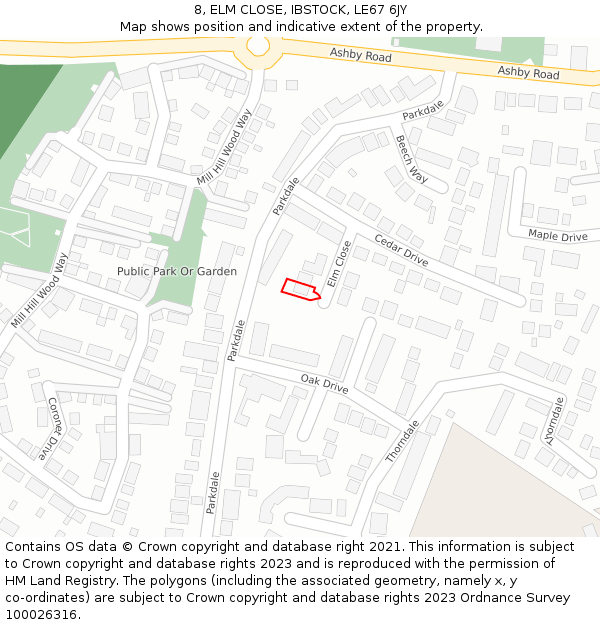 8, ELM CLOSE, IBSTOCK, LE67 6JY: Location map and indicative extent of plot