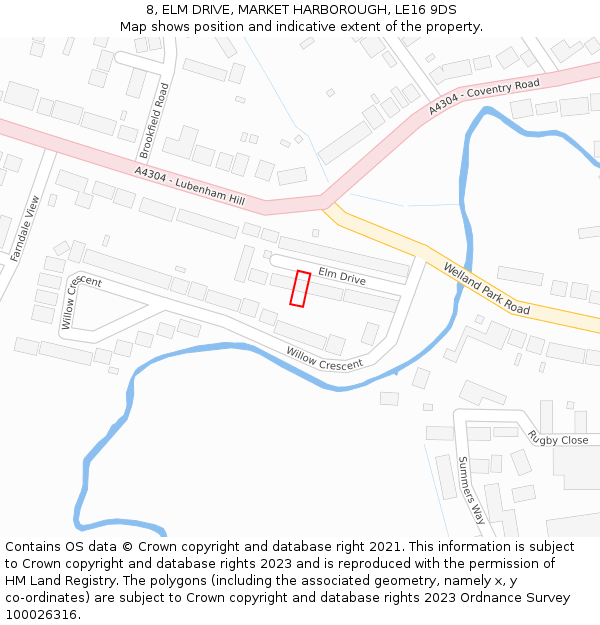 8, ELM DRIVE, MARKET HARBOROUGH, LE16 9DS: Location map and indicative extent of plot