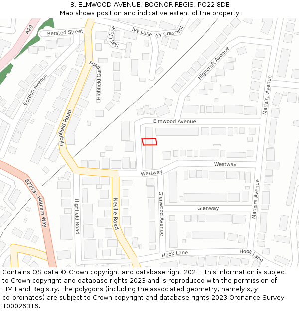 8, ELMWOOD AVENUE, BOGNOR REGIS, PO22 8DE: Location map and indicative extent of plot