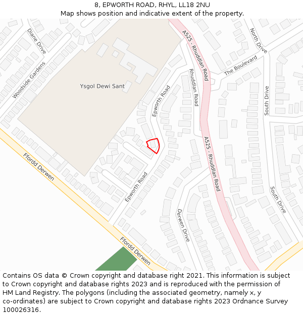 8, EPWORTH ROAD, RHYL, LL18 2NU: Location map and indicative extent of plot