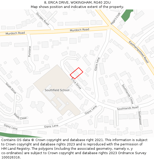 8, ERICA DRIVE, WOKINGHAM, RG40 2DU: Location map and indicative extent of plot