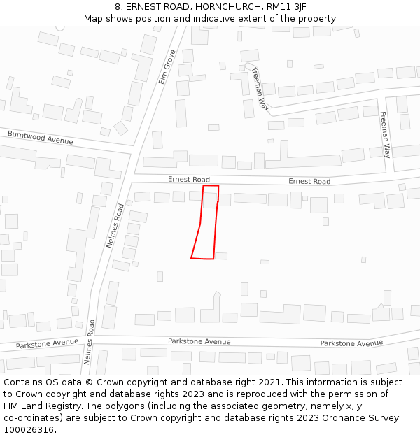8, ERNEST ROAD, HORNCHURCH, RM11 3JF: Location map and indicative extent of plot