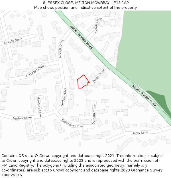 8, ESSEX CLOSE, MELTON MOWBRAY, LE13 1AP: Location map and indicative extent of plot