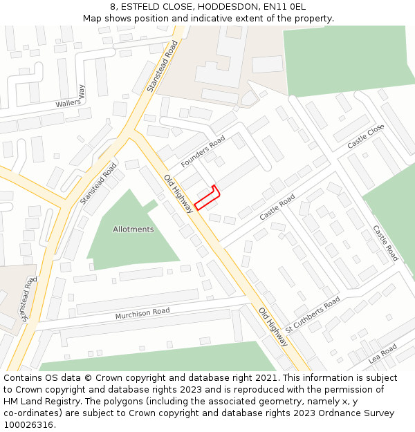 8, ESTFELD CLOSE, HODDESDON, EN11 0EL: Location map and indicative extent of plot