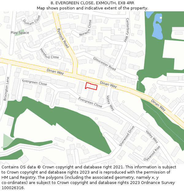 8, EVERGREEN CLOSE, EXMOUTH, EX8 4RR: Location map and indicative extent of plot