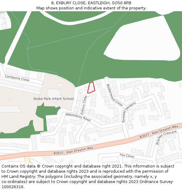 8, EXBURY CLOSE, EASTLEIGH, SO50 8PB: Location map and indicative extent of plot