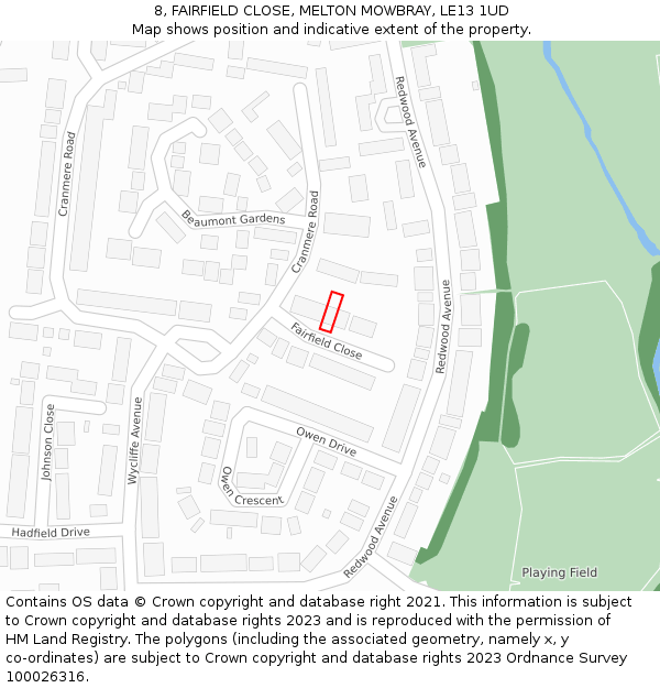 8, FAIRFIELD CLOSE, MELTON MOWBRAY, LE13 1UD: Location map and indicative extent of plot