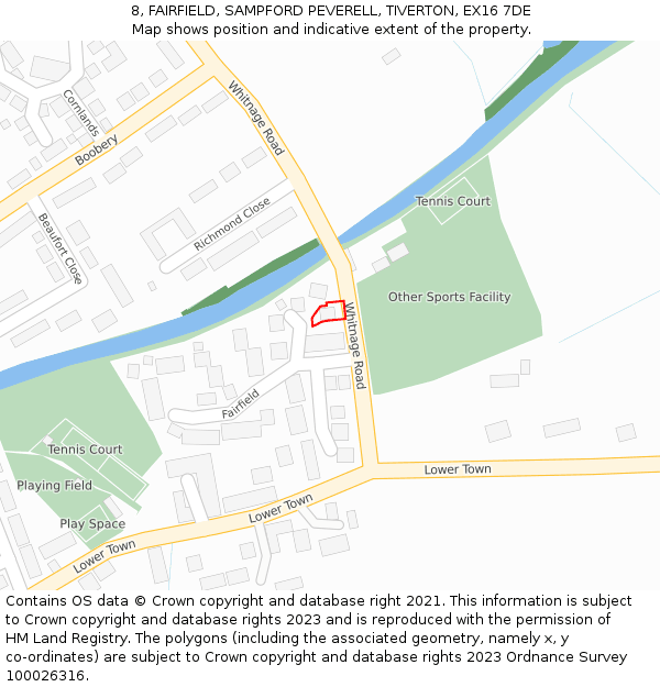 8, FAIRFIELD, SAMPFORD PEVERELL, TIVERTON, EX16 7DE: Location map and indicative extent of plot